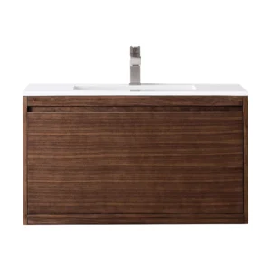 Mantova 35.4″ Single Vanity, Mid-Century Walnut w/ Glossy White Composite Stone Top