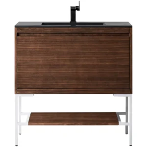 Milan 35.4″ Single Vanity, Mid-Century Walnut, Glossy White w/ Charcoal Black Composite Stone Top