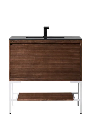 Milan 35.4" Single Vanity, Mid-Century Walnut, Glossy White w/ Charcoal Black Composite Stone Top