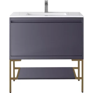 Milan 35.4″ Single Vanity, Modern Gray Glossy, Radiant Gold w/ Glossy White Composite Stone Top