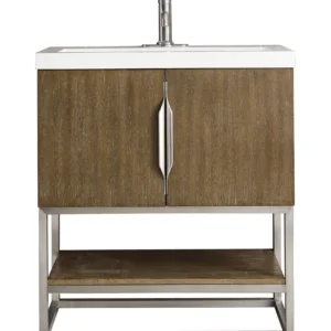Columbia 31.5″ Single Vanity, Latte Oak, Brushed Nickel, w/ White Glossy Composite Stone Top