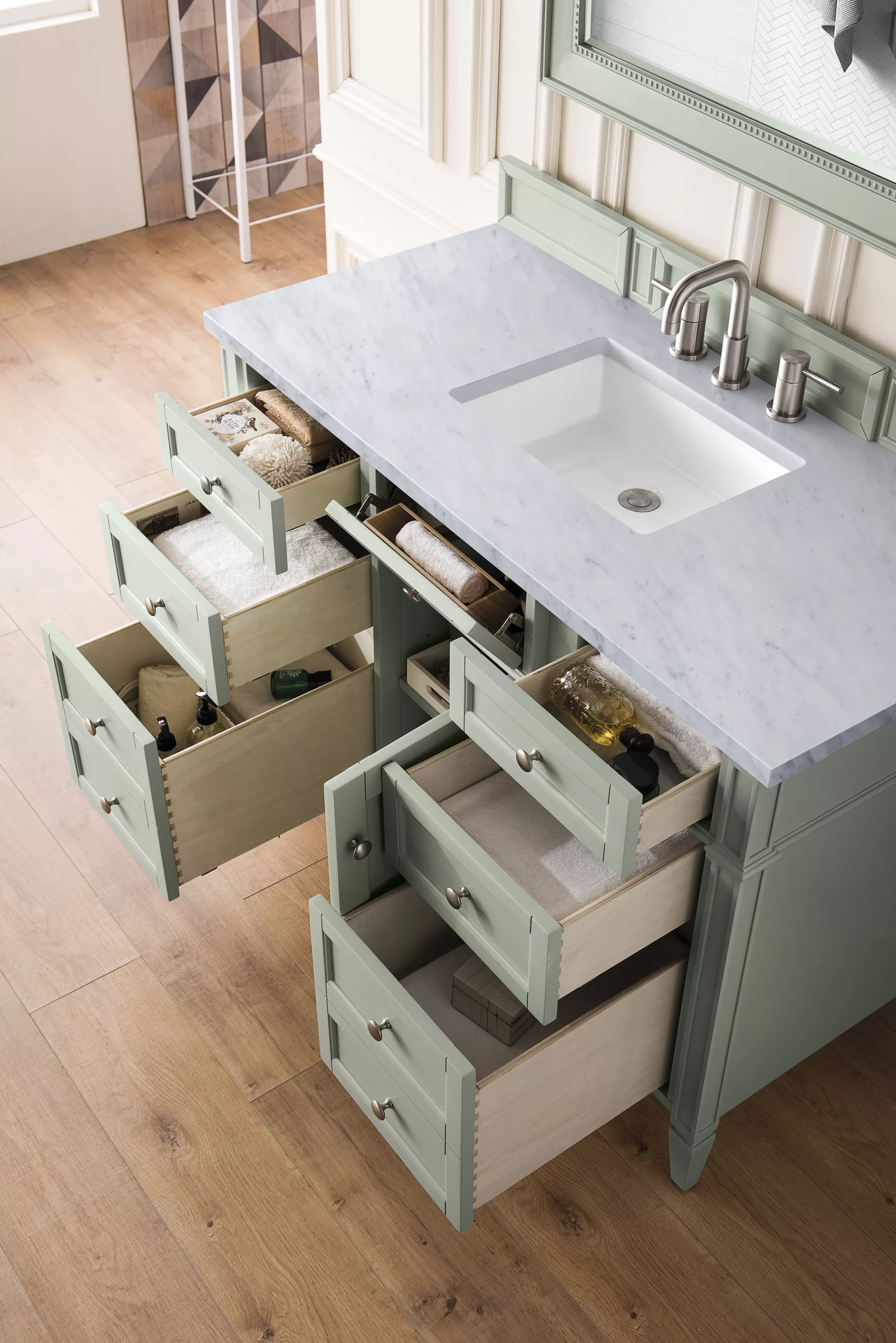 Brittany 48" Single Vanity, Sage Green w/ 3 CM Carrara Marble Top - Image 4