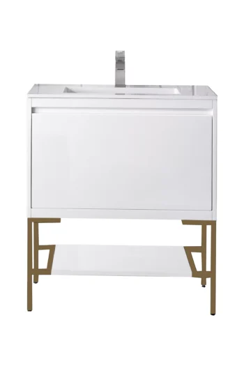 Milan 31.5" Single Vanity, Glossy White, Radiant Gold w/ Glossy White Composite Stone Top