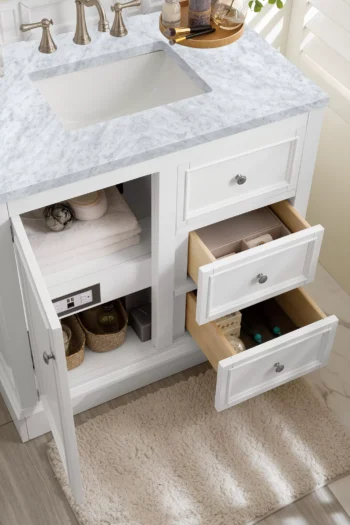 De Soto 36" Single Vanity, Bright White w/ 3 CM Carrara Marble Top - Image 4