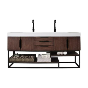 Columbia 72″ Double Vanity, Coffee Oak, Matte Black w/ Glossy White Composite Stone Top