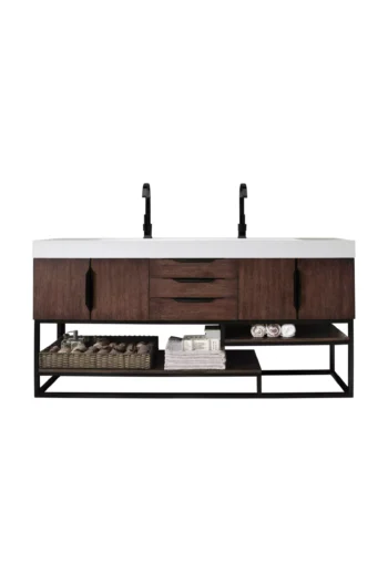 Columbia 72" Double Vanity, Coffee Oak, Matte Black w/ Glossy White Composite Stone Top