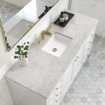 Chicago 60" Single Vanity, Glossy White w/ 3 CM Eternal Jasmine Pearl Top - Image 4