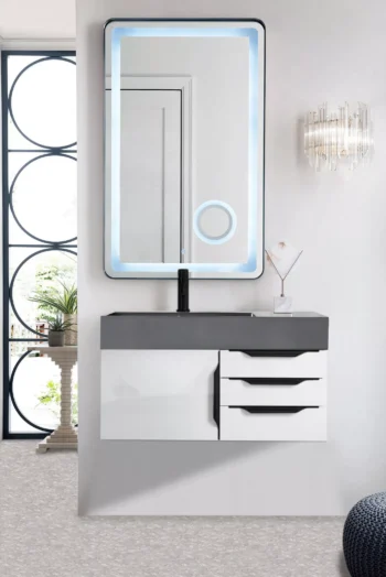 Mercer Island 36" Single Vanity, Glossy White, Matte Black w/ Dusk Grey Glossy Composite Stone Top - Image 2