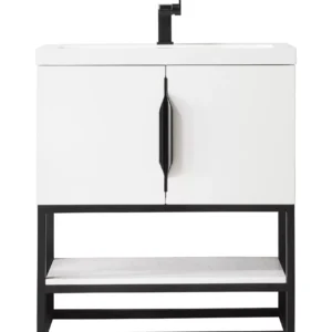 Columbia 31.5″ Single Vanity, Glossy White, Matte Black, w/ White Glossy Composite Stone Top