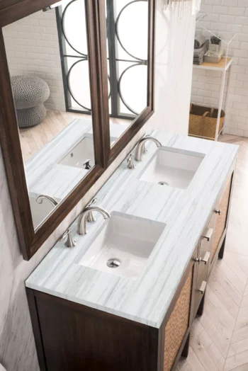 Addison 60" Double Vanity, Mid-Century Acacia w/ 3 CM Arctic Fall Solid Surface Top - Image 2