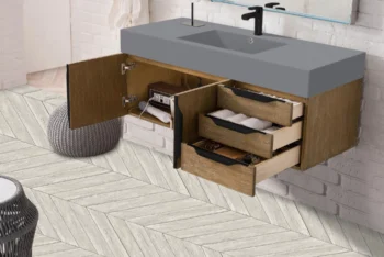 Mercer Island 48" Single Vanity, Latte Oak, Matte Black w/ Dusk Grey Glossy Composite Stone Top - Image 4
