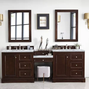 De Soto 94″ Double Vanity Set, Burnished Mahogany w/ 3 CM Carrara Marble Top