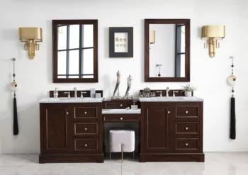 De Soto 94" Double Vanity Set, Burnished Mahogany w/ 3 CM Carrara Marble Top