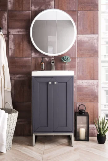 Chianti 20" Single Vanity, Mineral Gray, Brushed Nickel, w/ White Glossy Composite Stone Top - Image 3