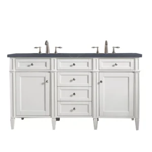 Brittany 60″ Double Vanity, Bright White Vanity w/ 3 CM Charcoal Soapstone Quartz Top