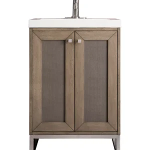 Chianti 24″ Single Vanity, Whitewashed Walnut, Brushed Nickel, w/ White Glossy Composite Stone Top