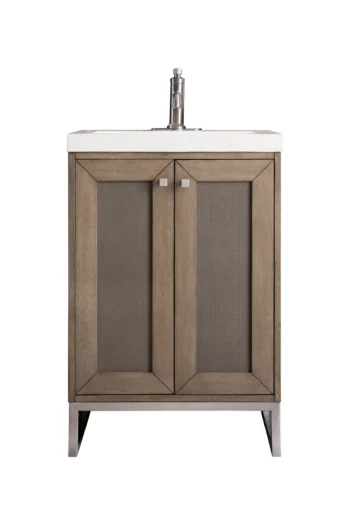 Chianti 24" Single Vanity, Whitewashed Walnut, Brushed Nickel, w/ White Glossy Composite Stone Top