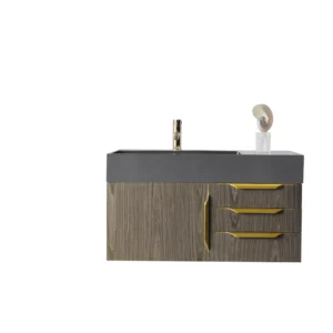 Mercer Island 36″ Single Vanity, Ash Gray, Radiant Gold w/ Dusk Grey Glossy Composite Stone Top