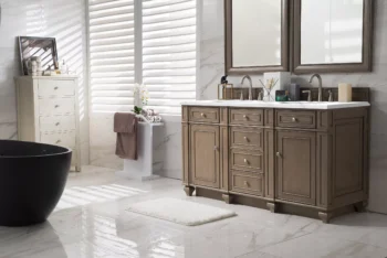 Bristol 60" Double Vanity, Whitewashed Walnut w/ 3 CM Carrara Marble Top - Image 3