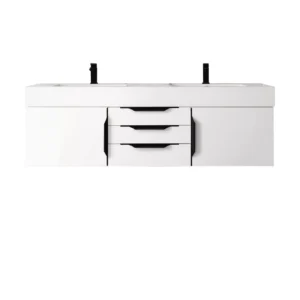 Mercer Island 59″ Double Vanity, Glossy White, Matte Black w/ Glossy White Composite Stone Top