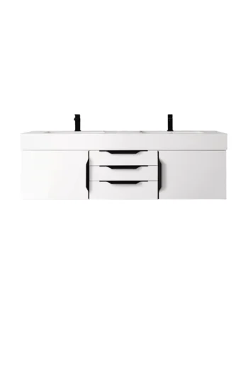 Mercer Island 59" Double Vanity, Glossy White, Matte Black w/ Glossy White Composite Stone Top