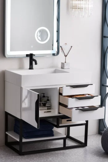 Columbia 36" Single Vanity, Glossy White, Matte Black w/ Glossy White Composite Stone Top - Image 4