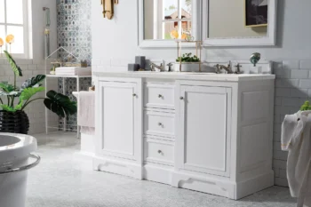 De Soto 60" Double Vanity, Bright White w/ 3 CM Eternal Jasmine Pearl Quartz Top - Image 3