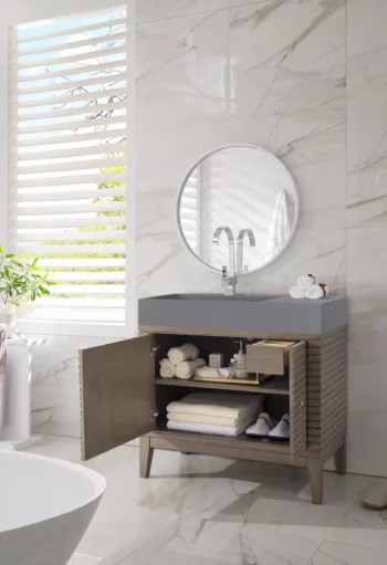 Linear 36" Single Vanity, Whitewashed Walnut w/ Dusk Grey Glossy Composite Stone Top - Image 3