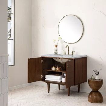 Amberly 36" Single Vanity, Mid-Century Walnut w/ 3 CM Carrara Marble Top - Image 7