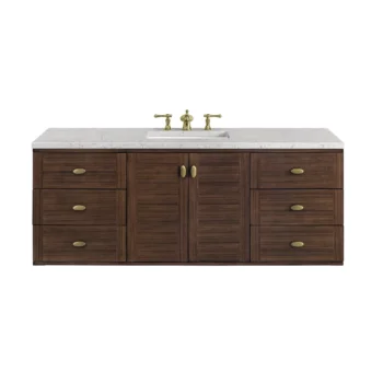 Amberly 60" Single Vanity, Mid-Century Walnut w/ 3 CM Eternal Jasmine Pearl Top - Image 2