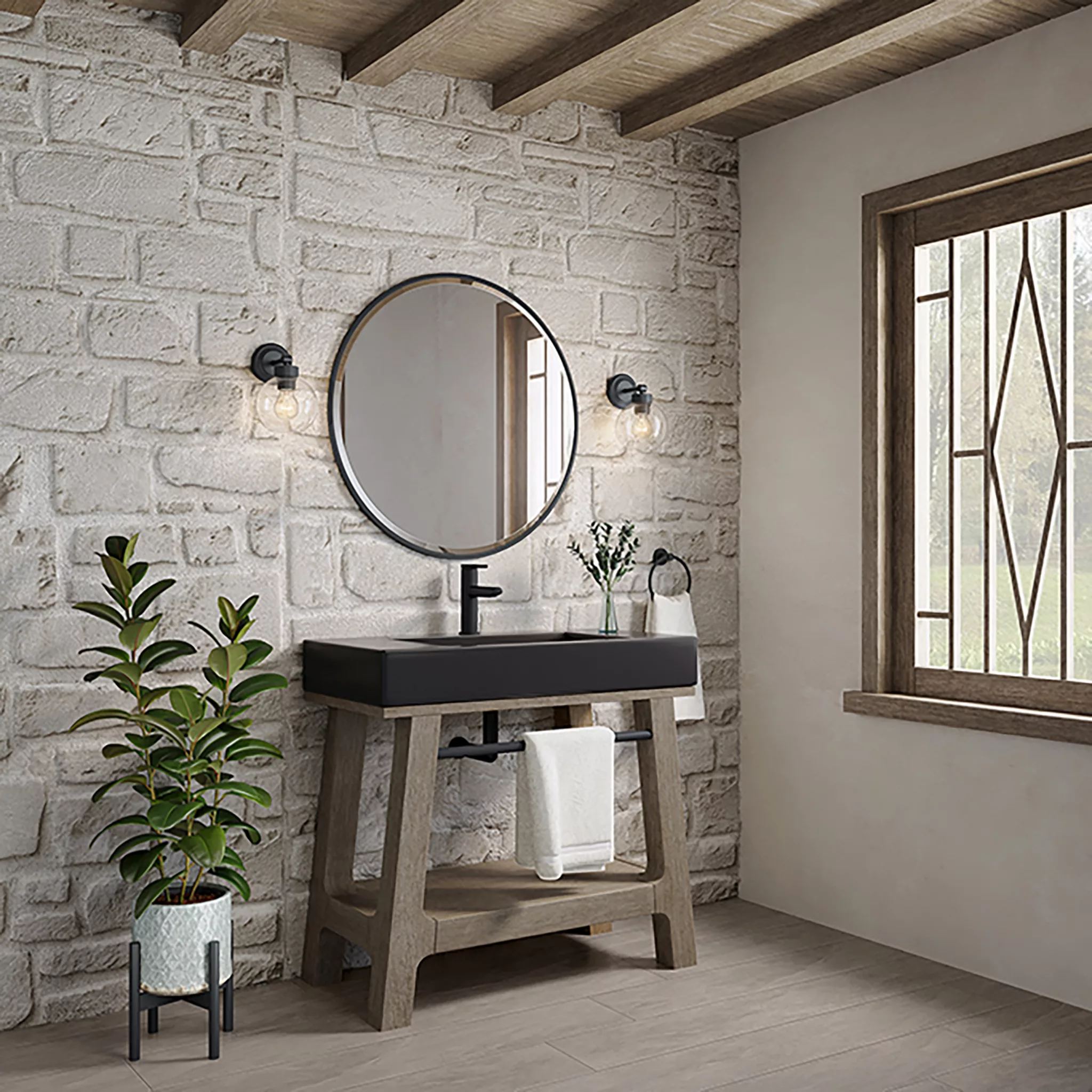 Auburn 36" Single Sink Console, Weathered Timber w/ Black Matte Mineral Composite Stone Top - Image 4