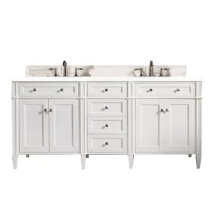 Brittany 72″ Double Vanity, Bright White Vanity w/ 3 CM White Zeus Quartz Top