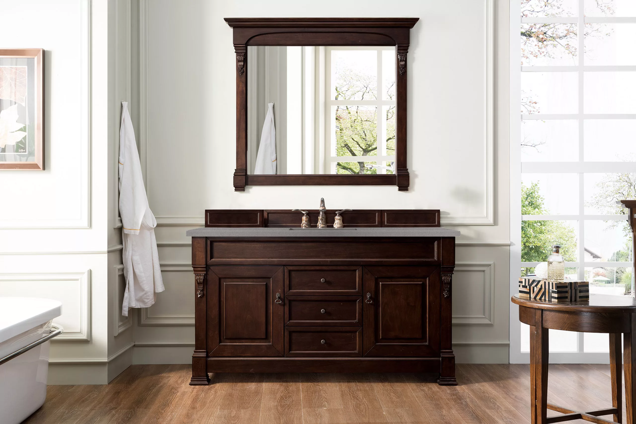 Brookfield 60" Single Vanity, Burnished Mahogany w/ 3 CM Grey Expo Quartz Top - Image 2