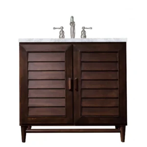 Portland 36″ Single Vanity, Burnished Mahogany w/ 3 CM Carrara Marble Top