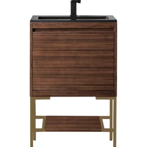 Milan 23.6″ Single Vanity, Mid-Century Walnut, Radiant Gold w/ Charcoal Black Composite Stone Top