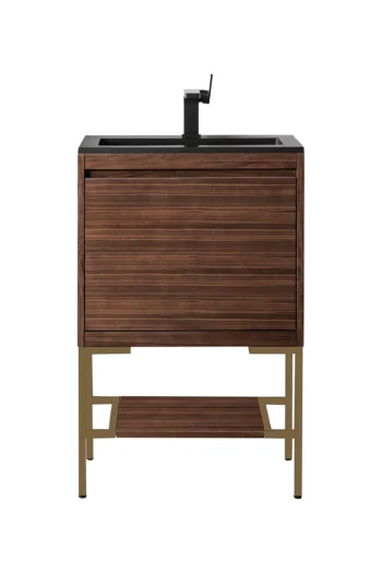 Milan 23.6" Single Vanity, Mid-Century Walnut, Radiant Gold w/ Charcoal Black Composite Stone Top