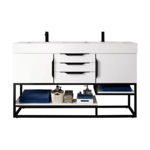 Columbia 59″ Double Vanity, Glossy White, Matte Black w/ Glossy White Composite Stone Top