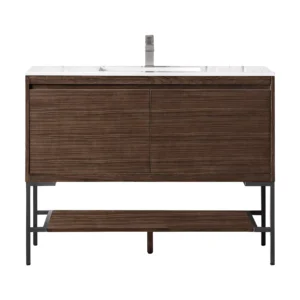 Mantova 47.3″ Single Vanity, Mid-Century Walnut, Matte Black Base w/ Glossy White Composite Stone Top