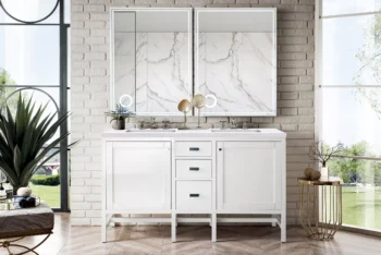 Addison 60" Double Vanity, Glossy White w/ 3 CM Arctic Fall Solid Surface Top - Image 2