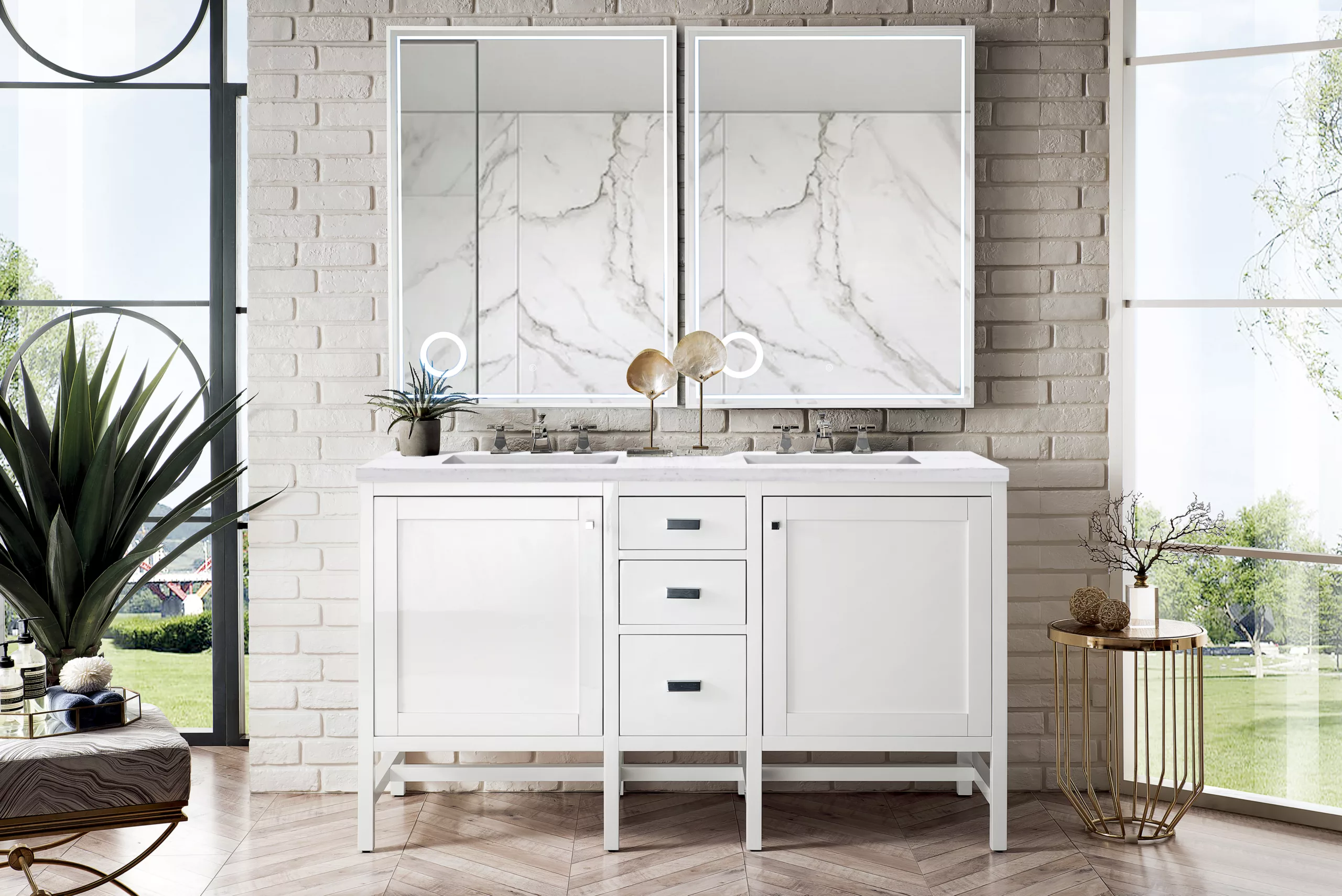 Addison 60" Double Vanity, Glossy White w/ 3 CM Arctic Fall Solid Surface Top - Image 2