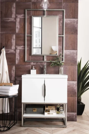 Columbia 31.5" Single Vanity, Glossy White, Brushed Nickel, w/ White Glossy Composite Stone Top - Image 2