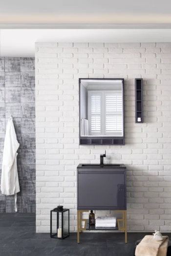 Milan 23.6" Single Vanity, Modern Gray Glossy, Radiant Gold w/ Charcoal Black Composite Stone Top - Image 2