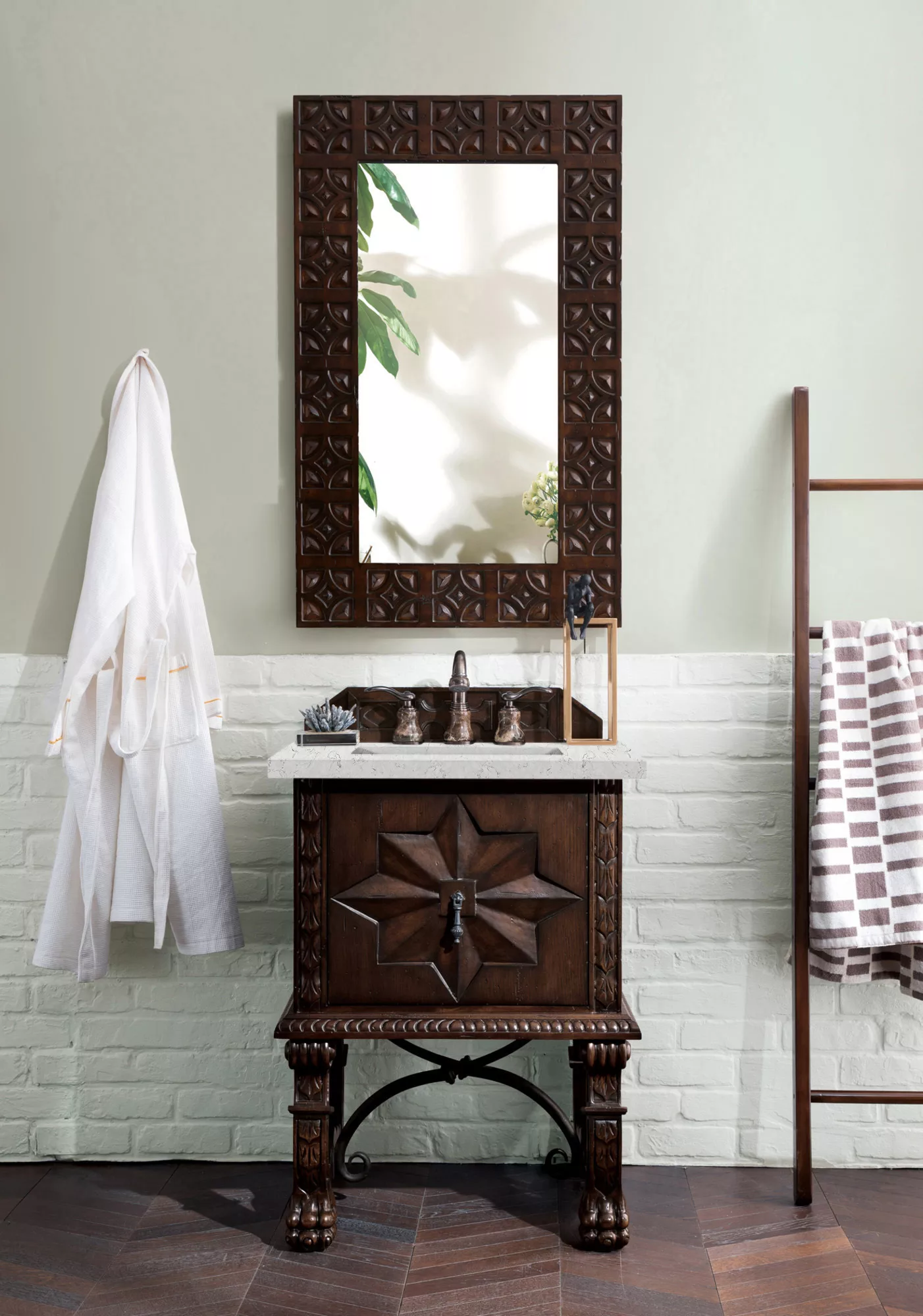 Balmoral 26" Single Vanity, Antique Walnut w/ 3 CM Eternal Jasmine Pearl Quartz Top - Image 2