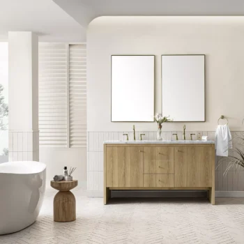 Hudson 60" Double Vanity, Light Natural Oak w/ 3 CM Carrara Marble Top - Image 2