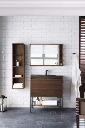 Mantova 31.5" Single Vanity, Mid-Century Walnut, Matte Black Base w/ Charcoal Black Composite Stone Top - Image 2