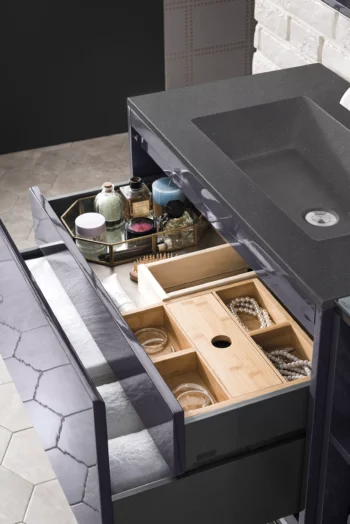 Milan 31.5" Single Vanity, Modern Gray Glossy, Glossy White w/ Charcoal Black Composite Stone Top - Image 4