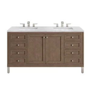 Chicago 60″ Double Vanity, Whitewashed Walnut w/ 3 CM Arctic Fall Solid Surface Top