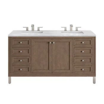 Chicago 60" Double Vanity, Whitewashed Walnut w/ 3 CM Arctic Fall Solid Surface Top