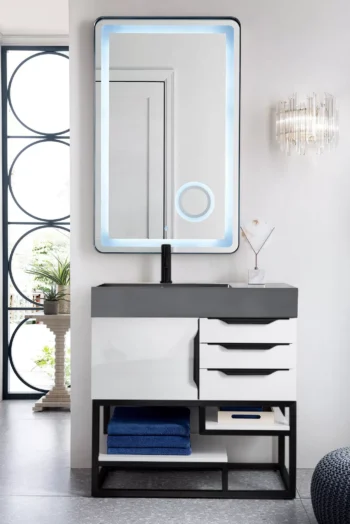 Columbia 36" Single Vanity, Glossy White, Matte Black w/ Dusk Grey Glossy Composite Stone Top - Image 2