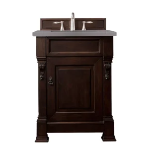 Brookfield 26″ Single Vanity, Burnished Mahogany w/ 3 CM Grey Expo Quartz Top